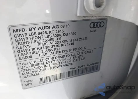 2019 Audi Q7 45 Premium/45 Se Premium из США, поврежденный, VIN WA1LHAF71KD039623
